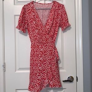 Red and white floral wrap dress